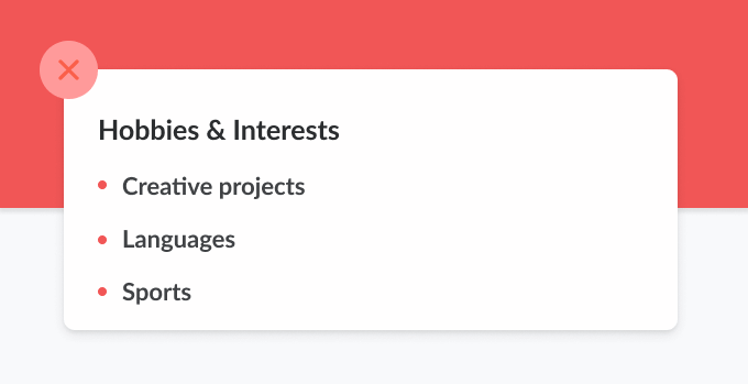A short, vague hobbies and interests section set against a red background.