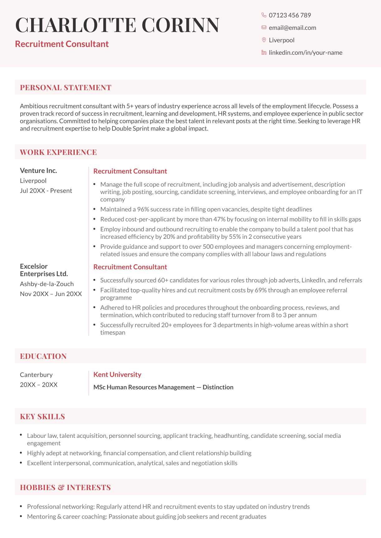 The Swansea CV template in red.