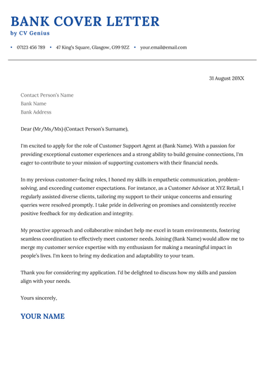 A bank cover letter example for UK job seekers.