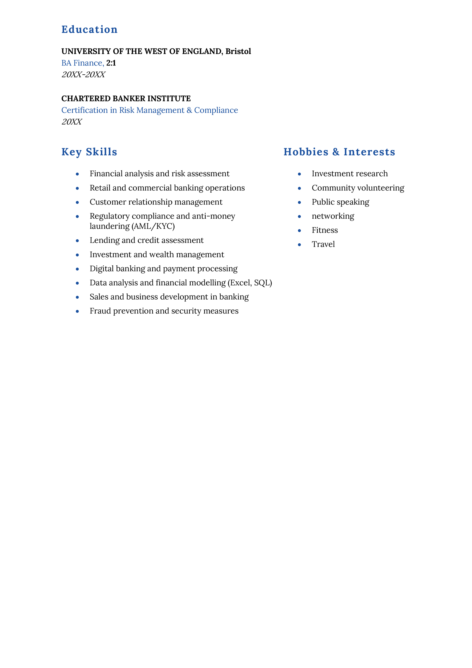 Page two of a banking CV example.