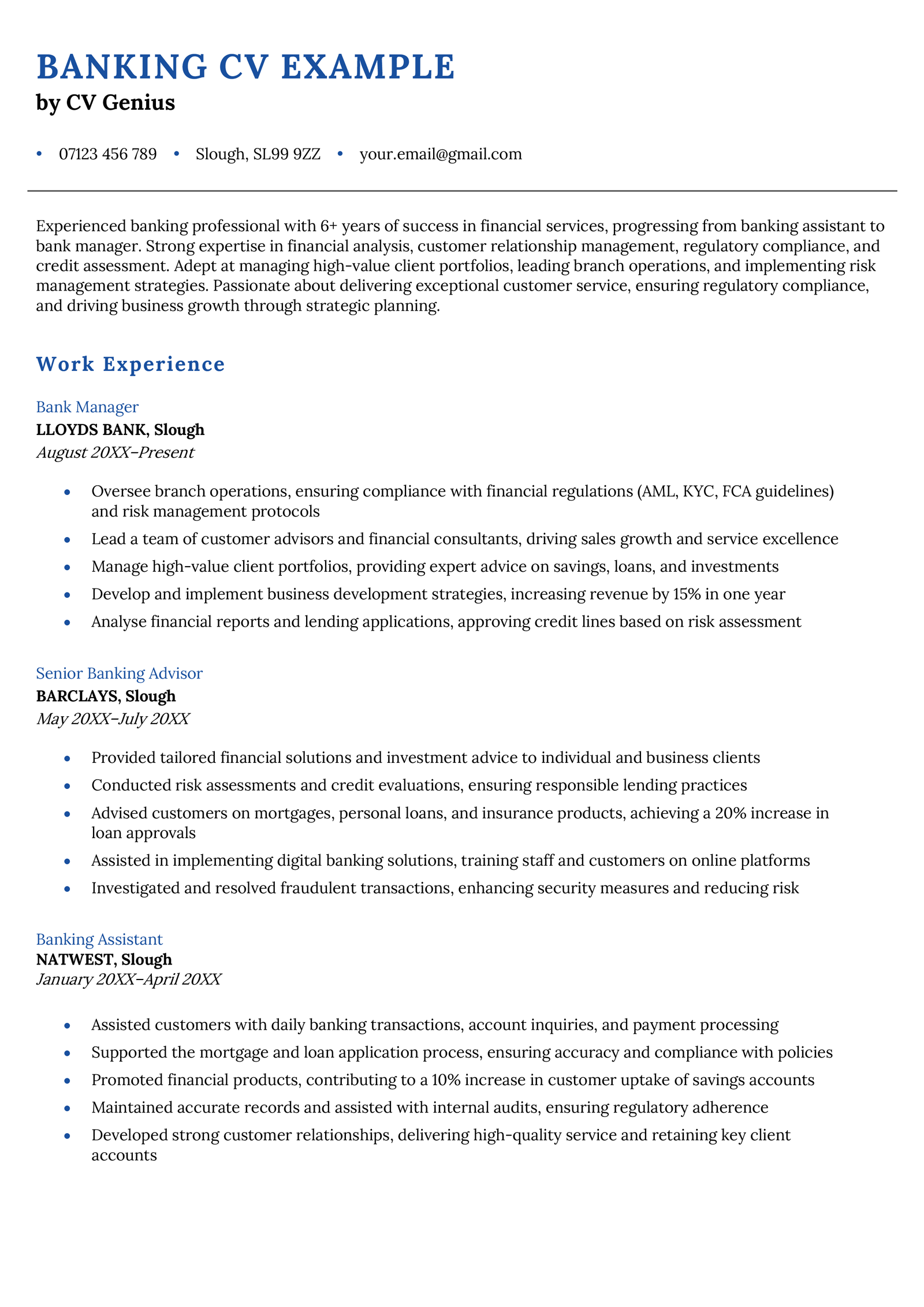Page one of a banking CV example.