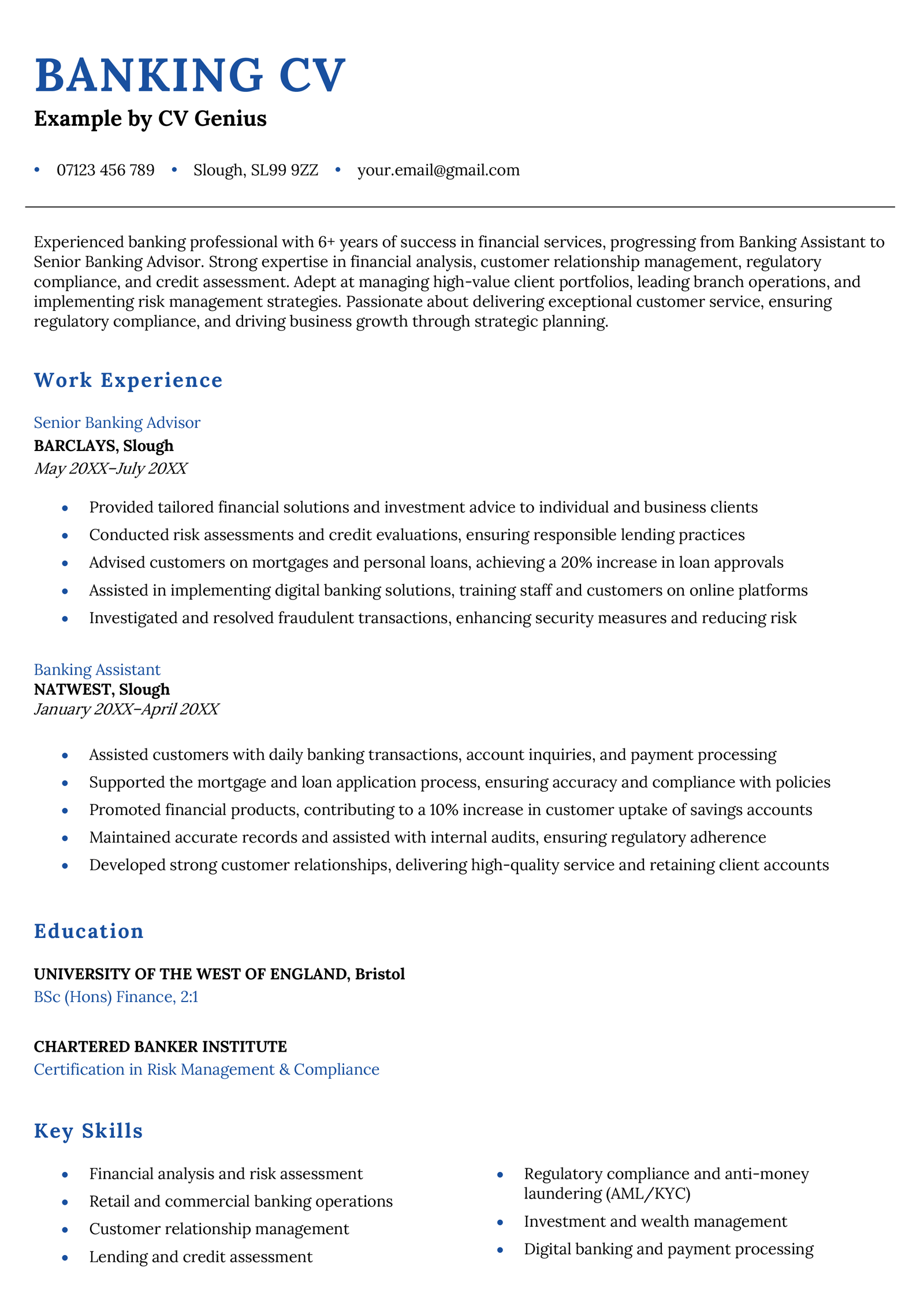 Page one of a banking CV example.