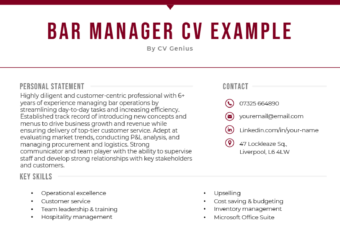 A simple, modern looking bar manager CV with a red horizontal header