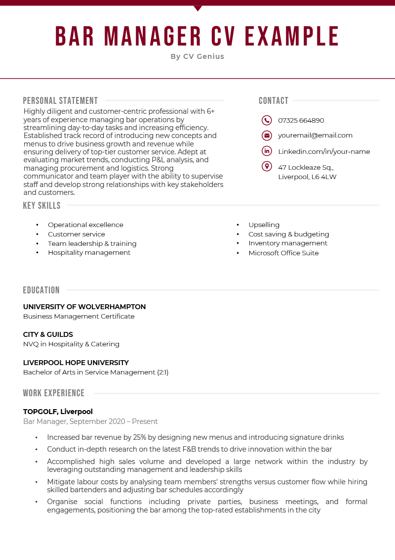 A simple, modern looking bar manager CV with a red horizontal header