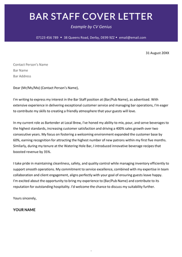 A cover letter for bar staff example for UK job seekers.