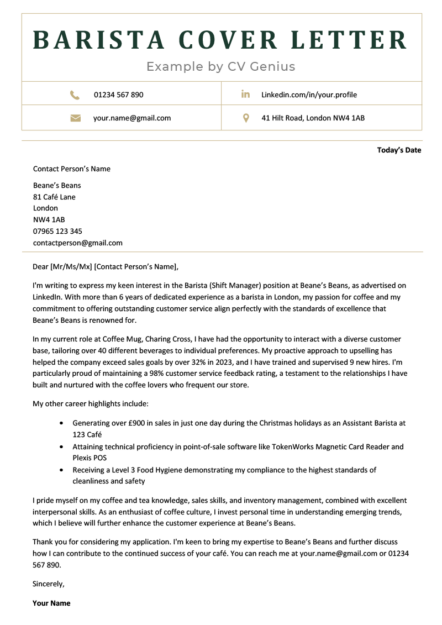A barista cover letter example in a template with a green header and contact information in a 4-cell table.