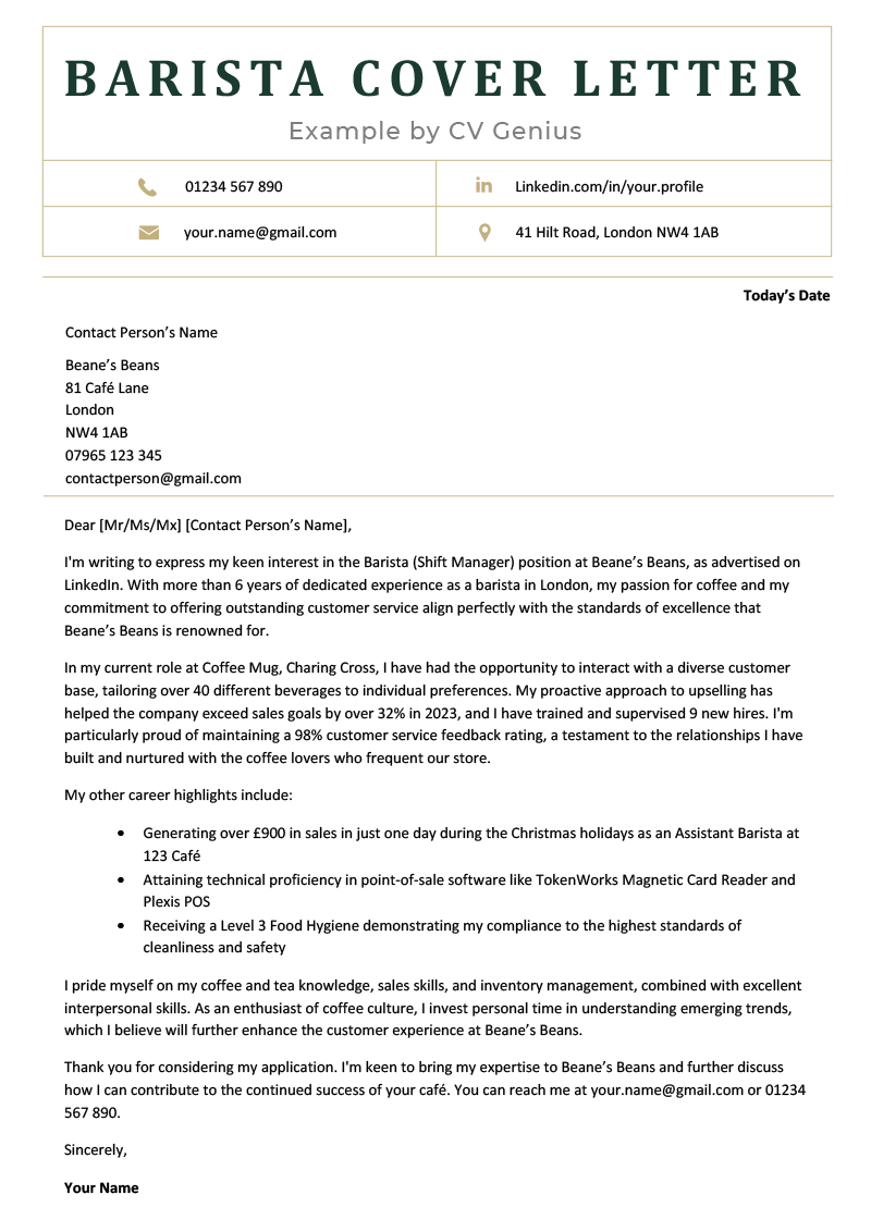 sample cover letter for barista