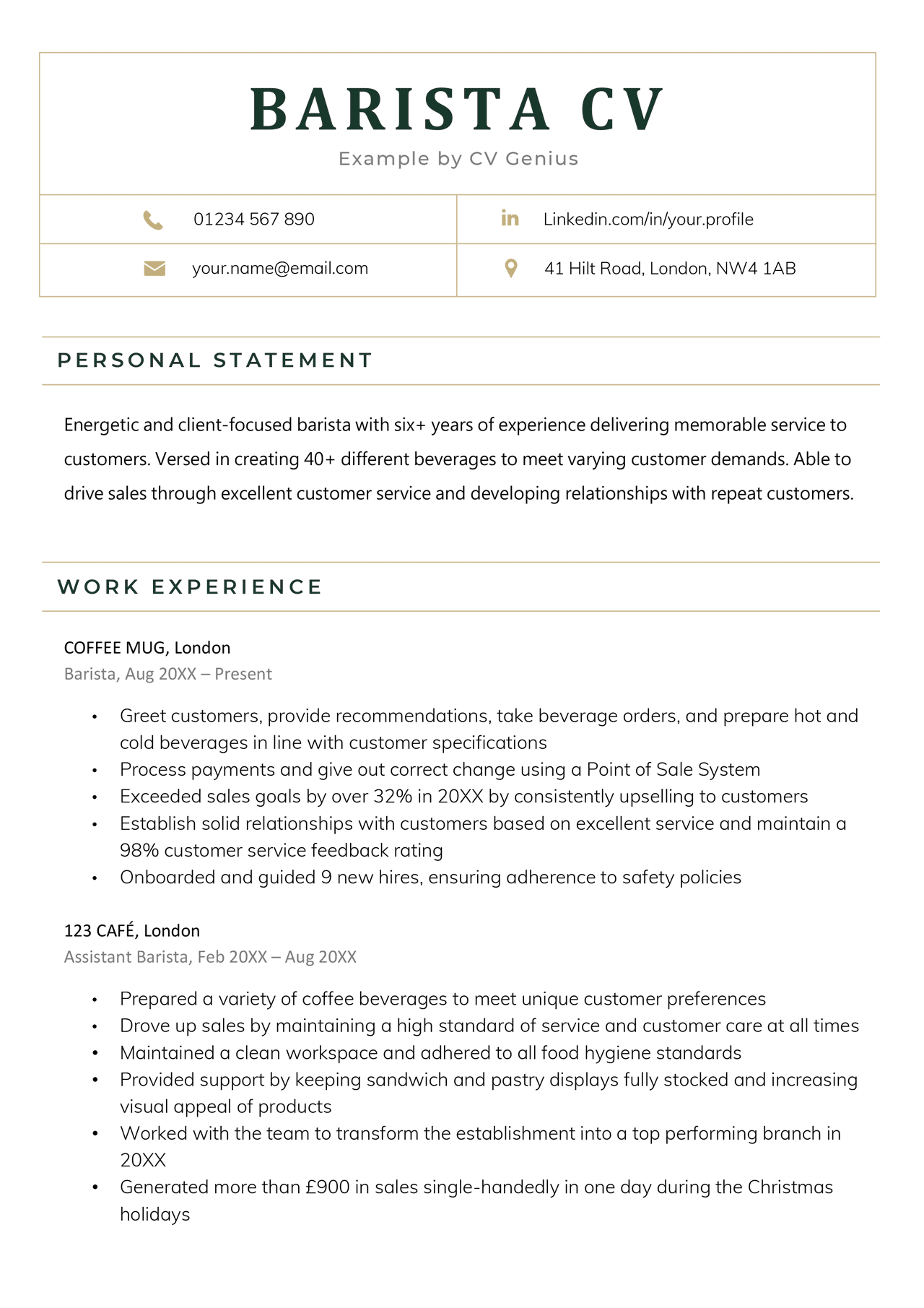 Example of a barista CV in a green-themed template with a 4-cell table for the applicant's contact information in the header.