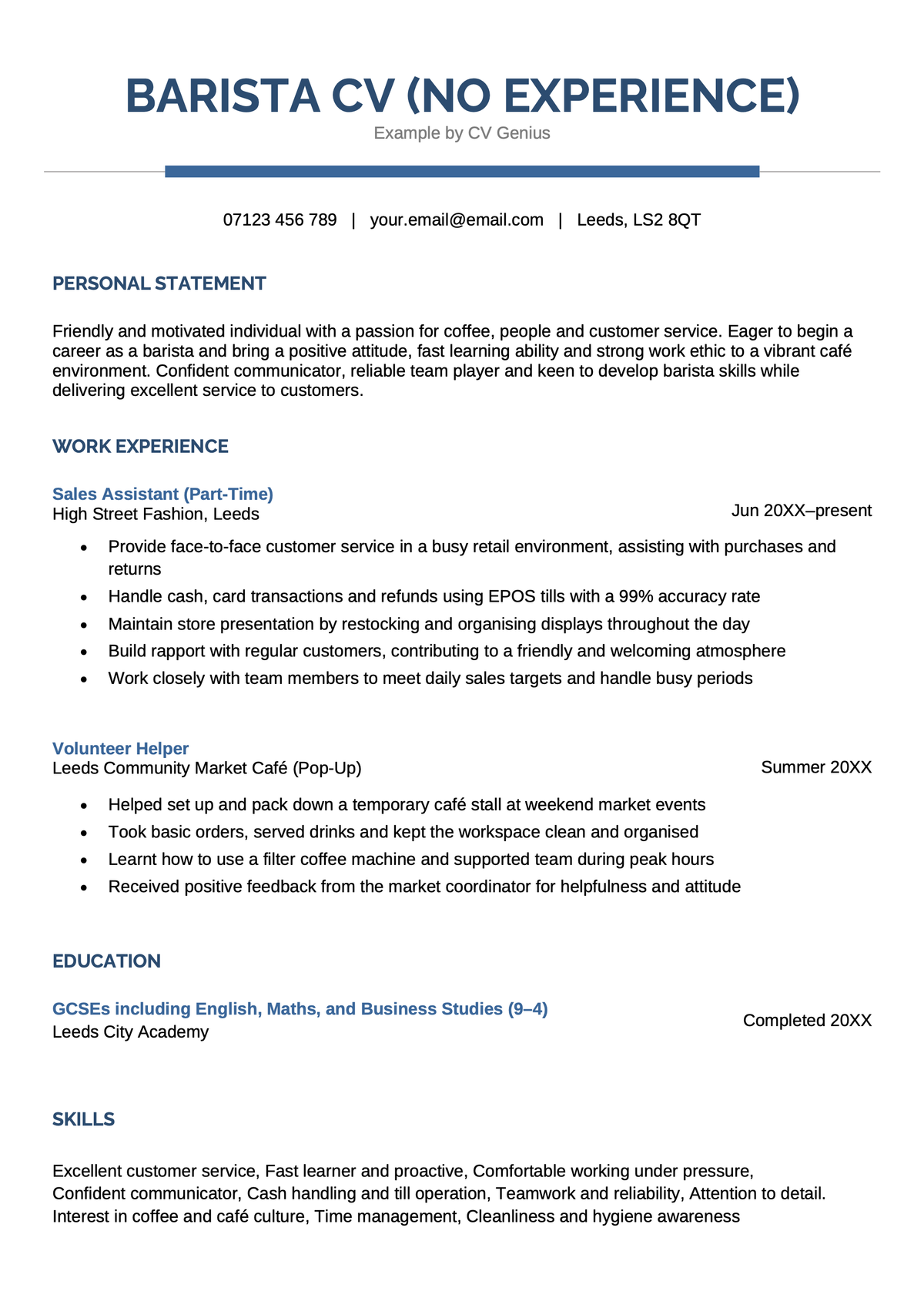 An example CV for a barista with no experience.