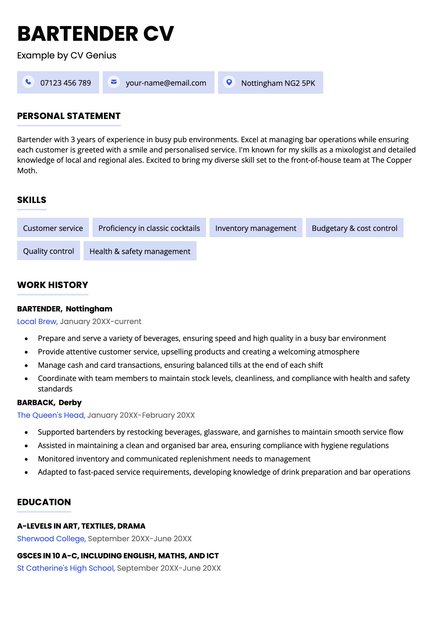 A Bartender CV example using the Coventry template