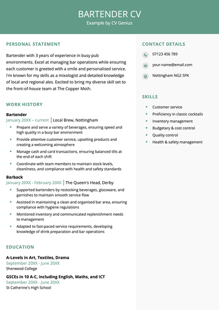 A Bartender CV example using the Exeter template