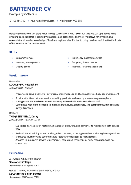 A Bartender CV example using the St Albans template