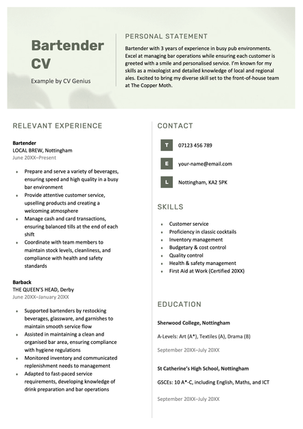 An example of a bartender CV