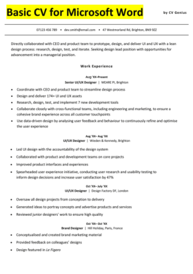 A basic CV template for Word featuring black and white accents, a short personal statement, and space for three work experience entries.