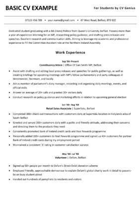 A basic student CV example for Microsoft Word, featuring a politics student applying for jobs in the area they've studied.