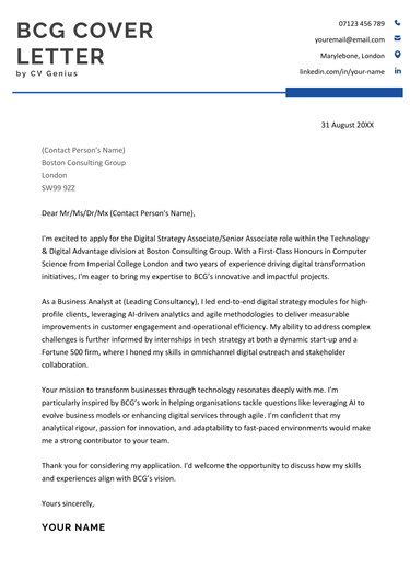 A Boston Consulting Group (BCG) Cover Letter Example.