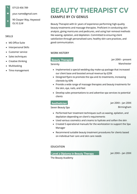 A beauty therapist CV using the Boudica CV template skin