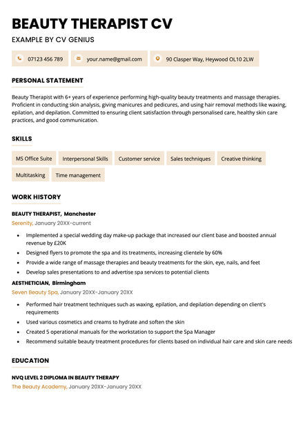 A beauty therapist CV using the Bristol CV template skin