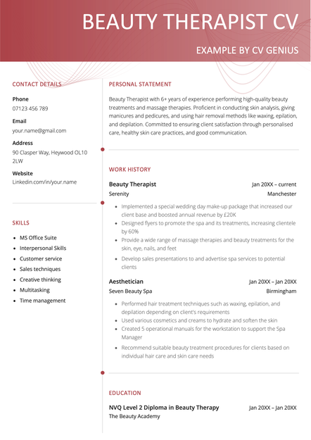 A beauty therapist CV using the Cornwall CV template skin