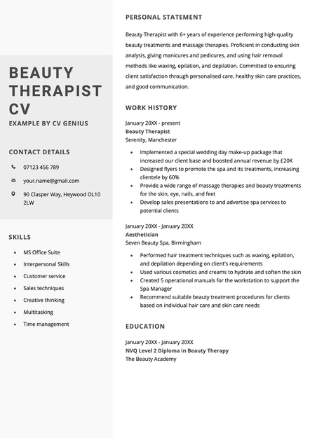 A beauty therapist CV using the Worcester CV template skin