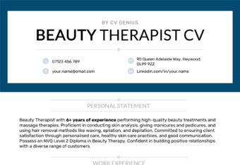 The first page of a beauty therapist CV sample with a professionally designed header and sections for the applicant's personal statement and work experience. This is what a good CV looks like in 2023.