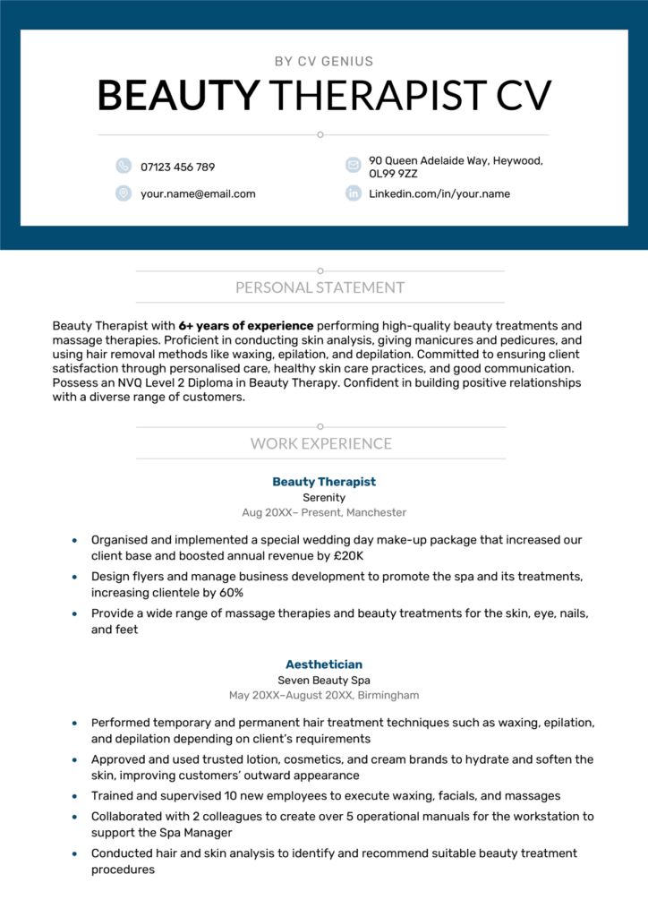 Beauty Therapist CV - Example & Free Template