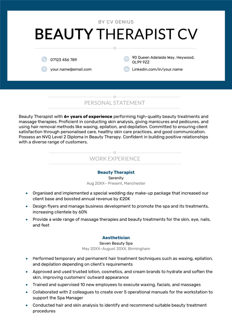 resume for beautician format