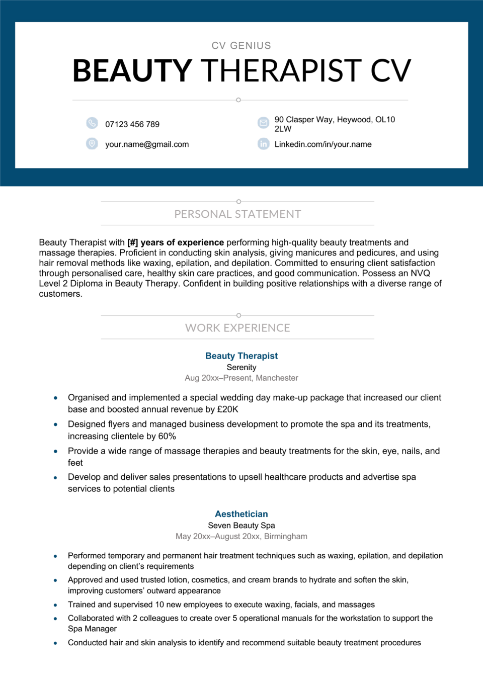 The first page of a beauty therapist CV sample with a professionally designed header and sections for the applicant's personal statement and work experience.