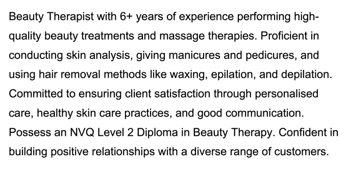 A beauty therapist CV's personal profile with five sentences describing the applicant's relevant skills and experience