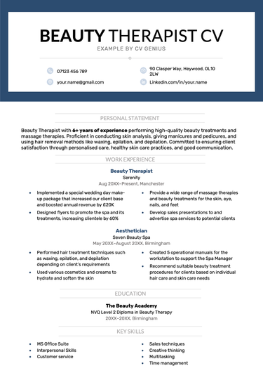 The first page of a beauty therapist CV sample with a professionally designed header and sections for the applicant's personal statement and work experience.