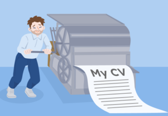 Hero image for the best CV builder page, showing a man in a collared shirt manually printing a document titled 'My CV'
