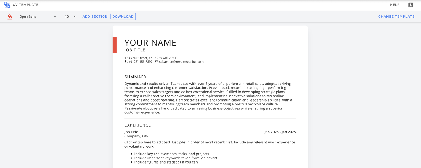 A screenshot of the CV Template CV maker, showing the builder