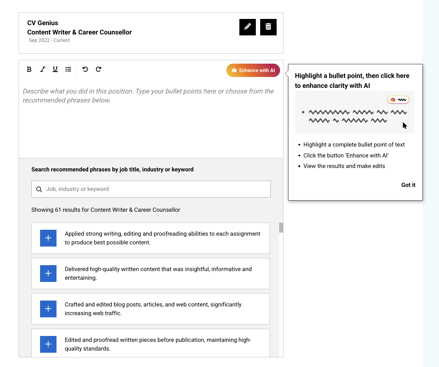 A screenshot of the LiveCareer CV builder showing its work experience builder and AI capabilities.