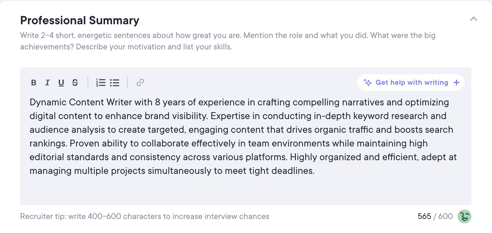A screenshot of the personal statement generator on the Resume.io builder.