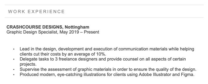 A screenshot of a CV work experience section using Arial to illustrate the best font for CV writing.