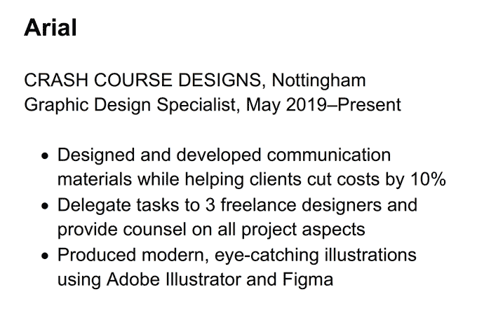 A hobbies and interests CV section showing an example of the Arial sans serif font representing one of the best fonts for a CV 