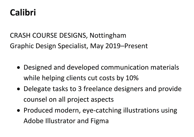 A hobbies and interests CV section showing an example of the Calibri sans serif font representing one of the best fonts for a CV 