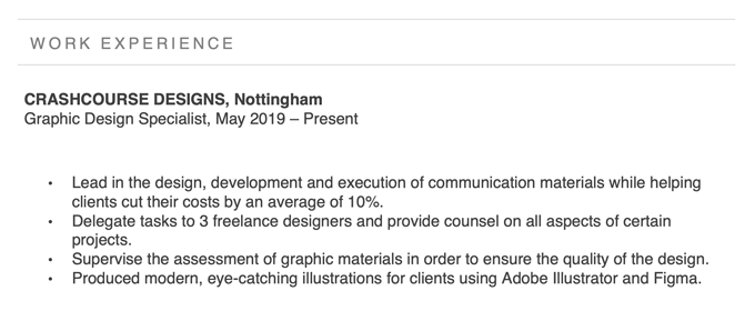 A screenshot of a CV work experience section using Helvetica to illustrate the best font for CV writing.