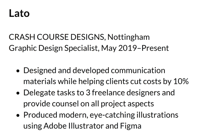A hobbies and interests CV section showing an example of the Lato sans serif font representing one of the best fonts for a CV 