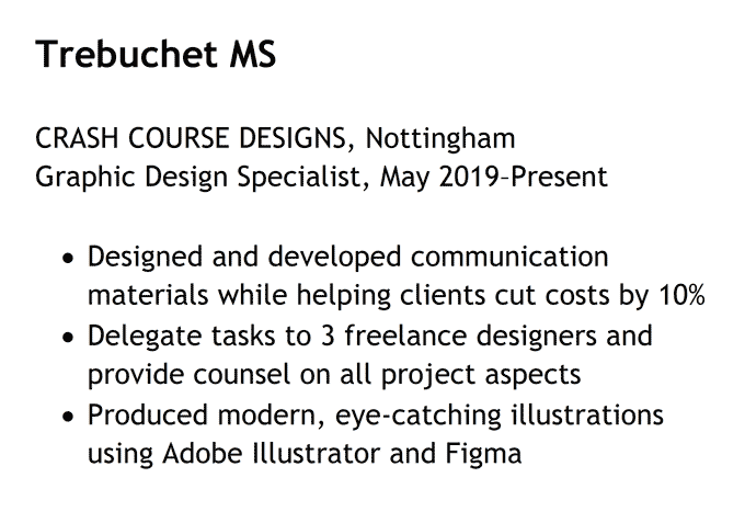 A hobbies and interests CV section showing an example of the Trebuchet MS sans serif font representing one of the best fonts for a CV 