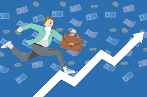 A man with a briefcase climbing an upward arrow, with floating banknotes symbolising rising salaries.