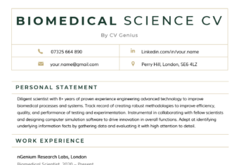 A green biomedical science CV with a wide header with space for the candidate's name and contact information