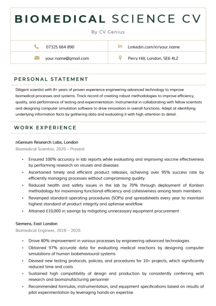 A green biomedical science CV with a wide header with space for the candidate's name and contact information.