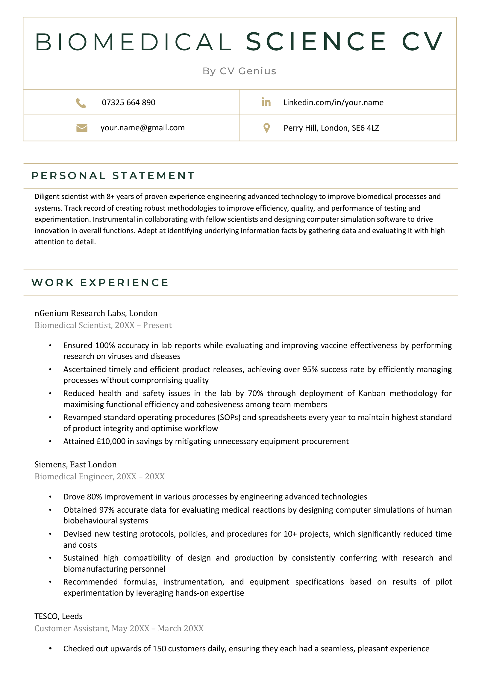 Biomedical Science CV Example, Free Template, & 14+ Skills