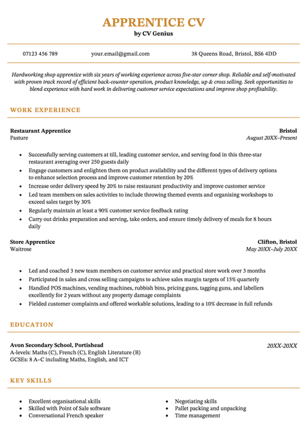 An example CV for an apprentice using the Birmingham template.