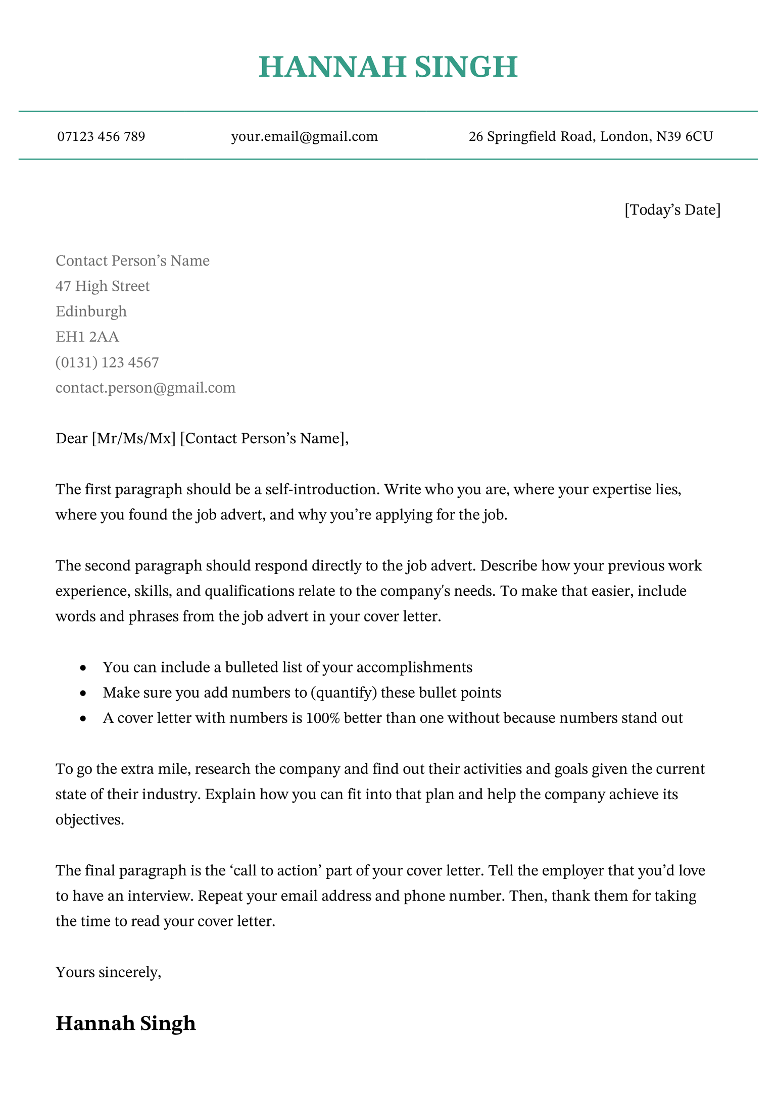 The Birmingham cover letter template in green.