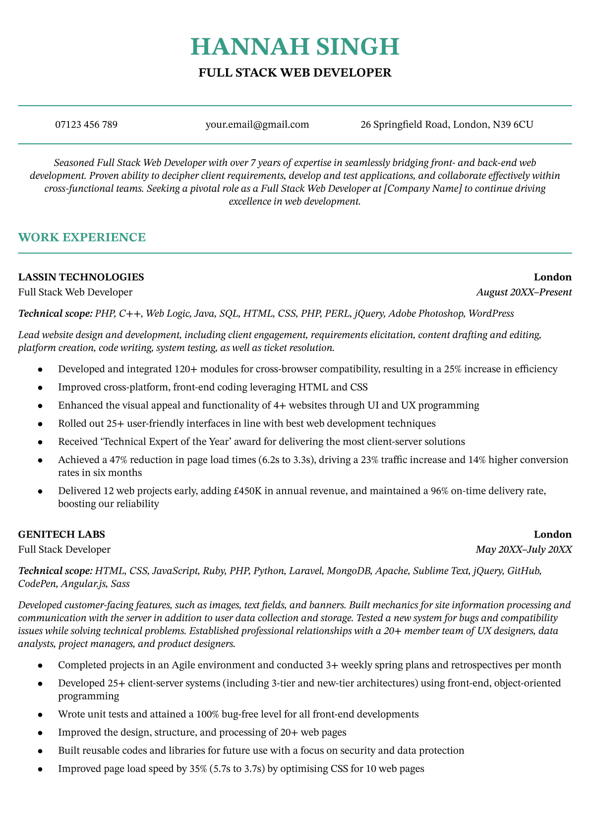 The Birmingham CV template in green (page one), which features strong lines to divide the sections on the page: CV header, contact details, personal statement, and work experience. Each work experience entry includes a paragraph of text to describe the applicant’s duties and bullet points to describe their achievements in the role.