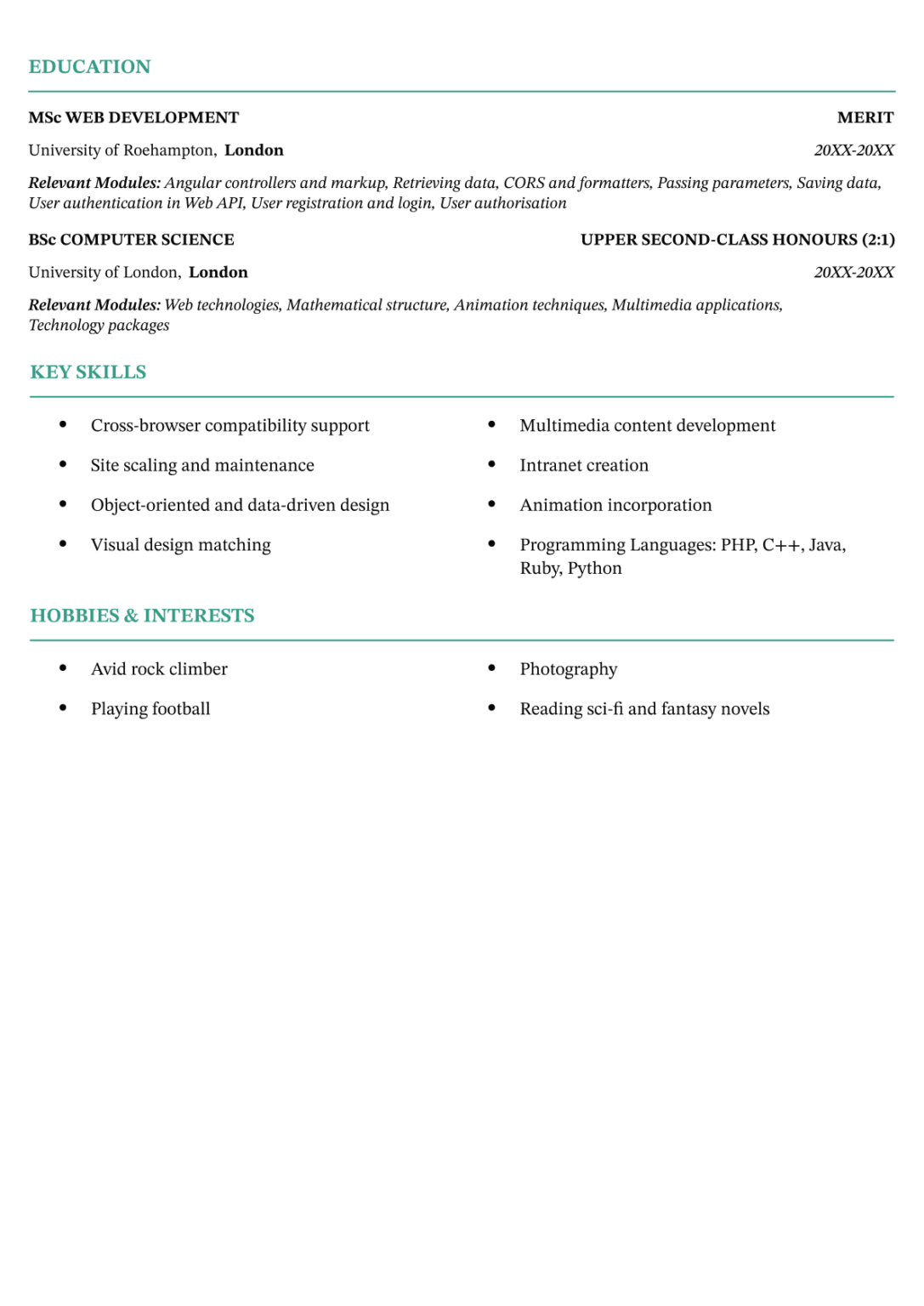 The Birmingham CV template in green (page two), which features the same strong colourful lines as page one to divide the sections on the page: education, skills, and hobbies/interests. The skills and hobbies sections use two-column designs to minimise waste of precious CV real estate