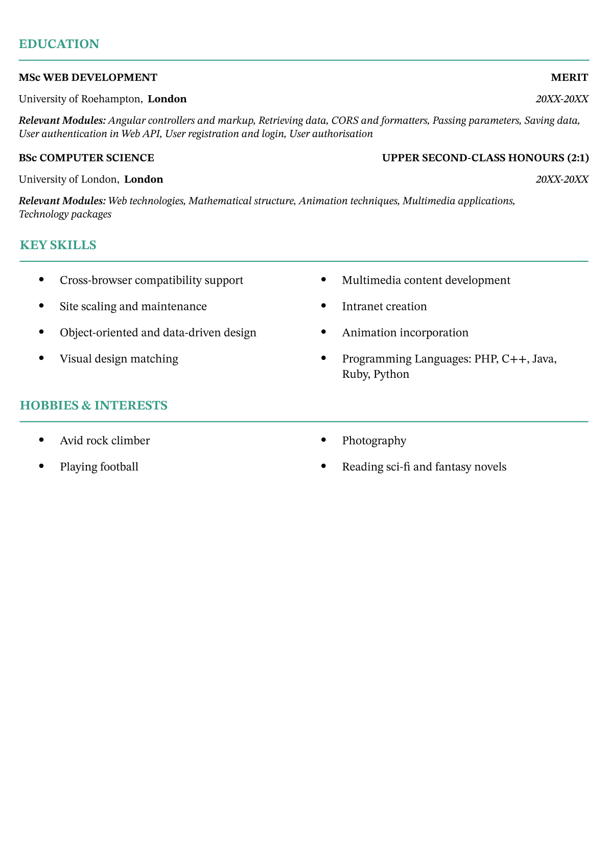 The Birmingham CV template in green (page two), which features the same strong colourful lines as page one to divide the sections on the page: education, skills, and hobbies/interests. The skills and hobbies sections use two-column designs to minimise waste of precious CV real estate