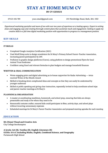 An example stay at home mum CV using the Birmingham template.